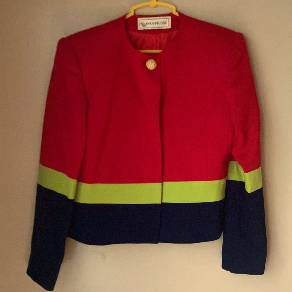 100 percent wool blazer in red , mint and navy, compliments the fall foliage.